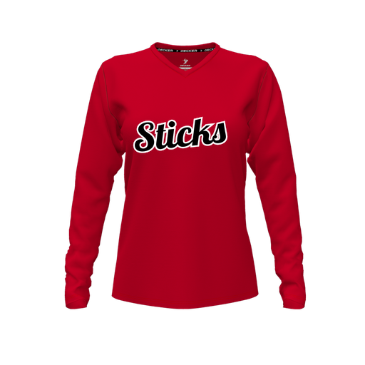 [CUS-DFW-TEES-CMF-VNK-LSL-RED-FYXS-LOGO2] Decker Comfort T-Shirt (Female Youth XS, Red, V Neck, Logo 2, Long Sleeve)